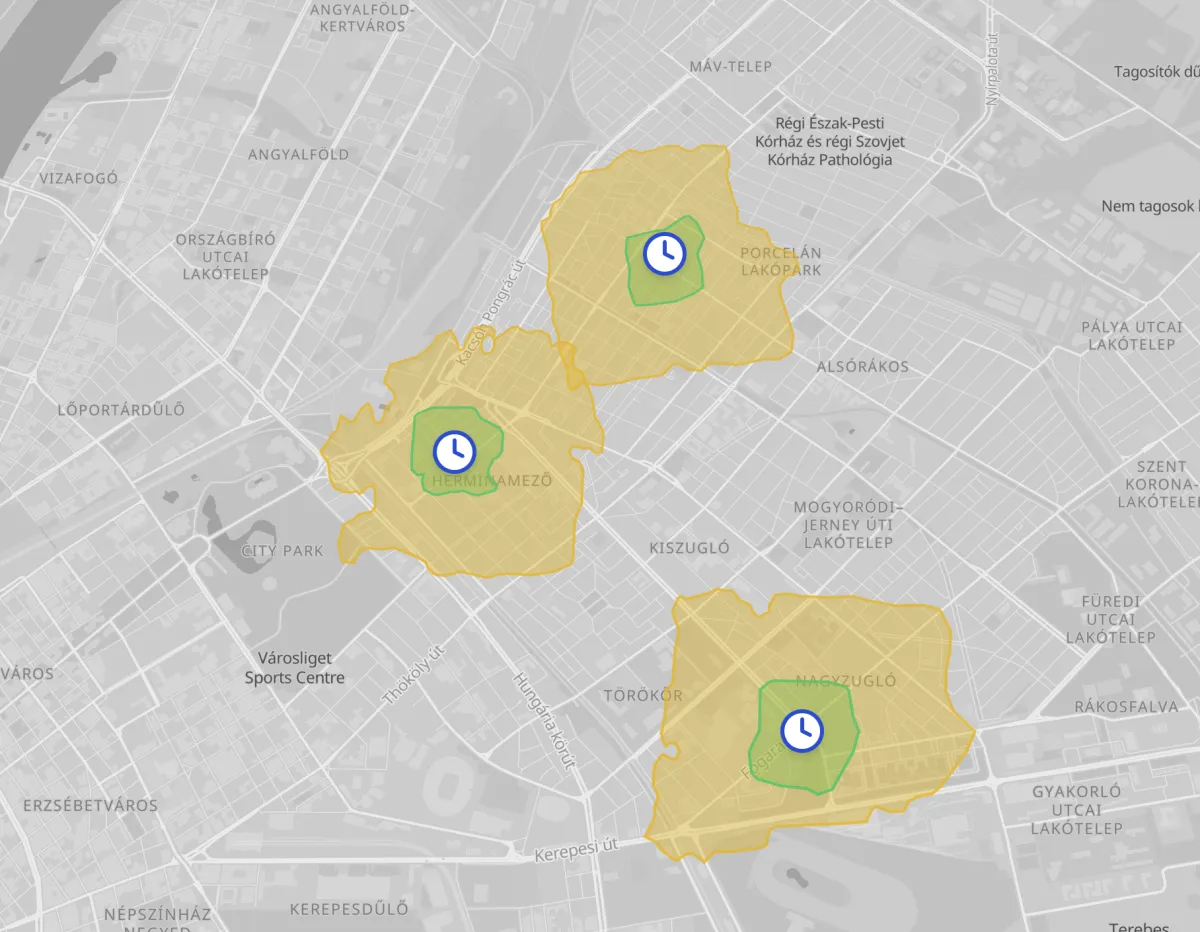 Three origins in Budapest, each with two nested walking bands. The inner green band is the shorter time, the outer yellow the longer — and neither is remotely circular.