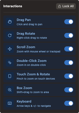 The Interactions popover, with switches for drag pan, drag rotate, scroll zoom, double-click zoom, touch zoom and rotate, box zoom, and keyboard navigation.