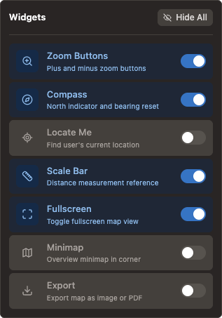 The Widgets popover, with switches for zoom buttons, compass, locate me, scale bar, fullscreen, minimap and export.