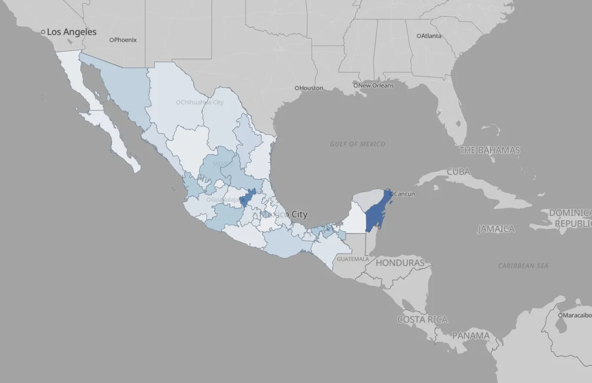 A choropleth of Mexican states. The regions are the unit of analysis, so every boundary is drawn from the data's own categories rather than estimated from point density.