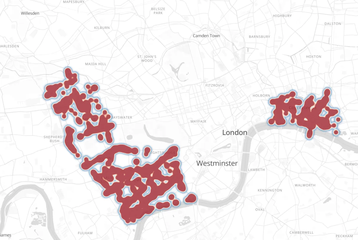 What over-saturation looks like: the hotspots have merged into flat red shapes with no gradient inside them, so the map shows where the data is but no longer shows where it's densest.