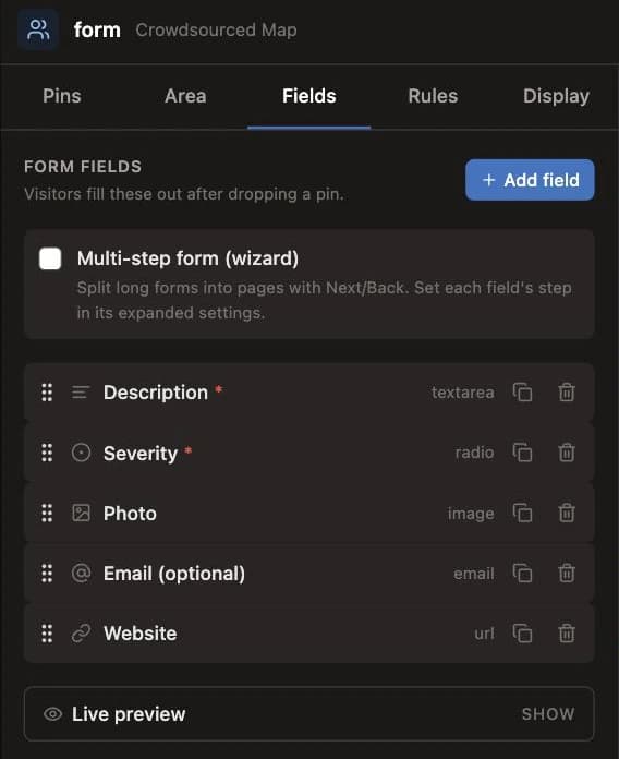 The Fields tab. One row per question, dragged into the order visitors meet them, with the live preview underneath rendering the same form a visitor gets.