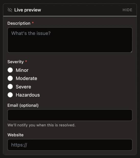 The same form rendered as the visitor gets it. The preview is the real field renderer, not a mock-up, so a validation rule or a conditional field behaves here exactly as it will on the published map.