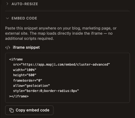 The snippet is rebuilt as you change the options above it, so what you copy already carries your width, height and corner radius. Nothing else needs loading — the map runs inside the iframe.