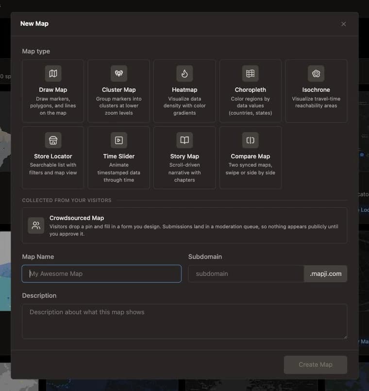 The create dialog. The type comes first because it decides what the editor offers next, though it is not a one-way door — you can switch a map to another type later from Page Settings.