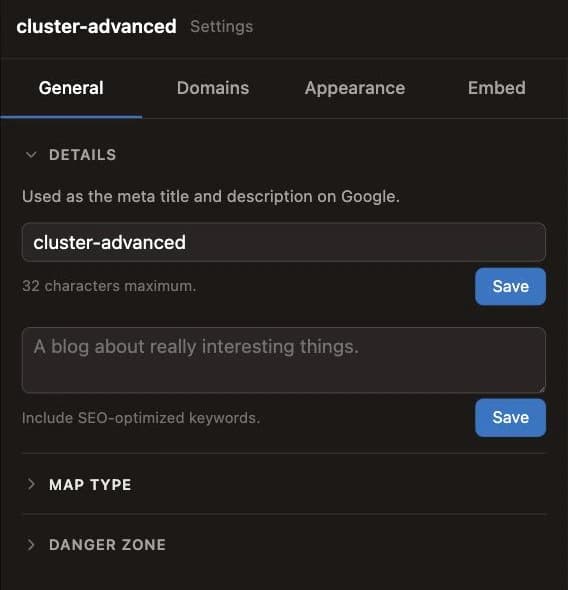 Page Settings. Each field saves on its own, so changing the name does not commit anything else you have open, and the map stays live beside the form.